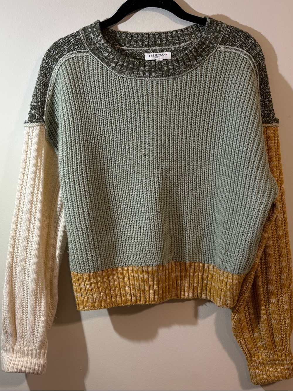 Freshman Sweater women’s medium color block cropped crew neck Sage Cream Mustard